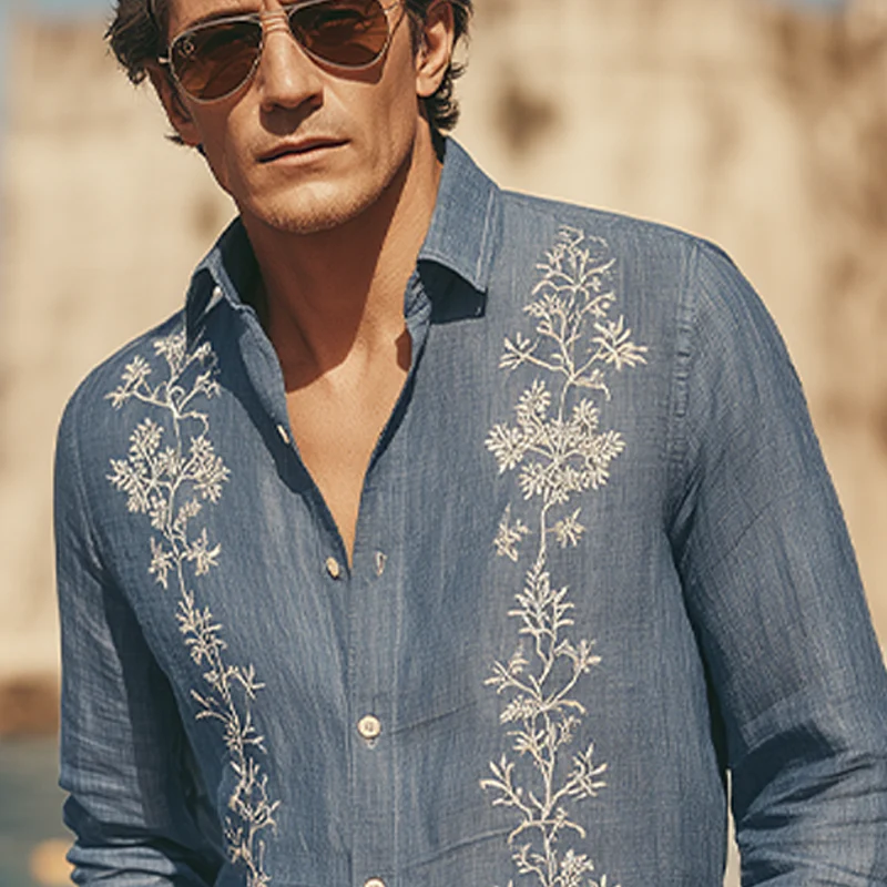 Antoine | Men'S Spring And Summer Retro Exquisite Embroidered Tencel Cotton Lapel Long-Sleeved Shirt - Image 4