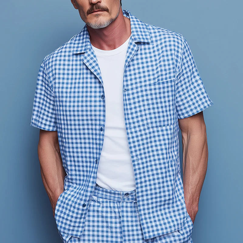 Antoine | Men'S Summer Fashion Plaid Cotton And Linen Short Sleeve Shirt - Image 2