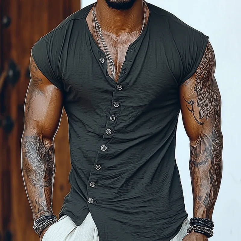 Anton | Men'S Casual Solid Color Breathable Cotton Blend Oblique Placket Irregular Hem Slim Sleeveless Shirt - Image 3