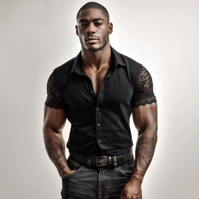 Antonio | Men'S Casual Solid Color Cotton Blend Patchwork Lace Lapel Slim Short Sleeve Shirt - Image 3