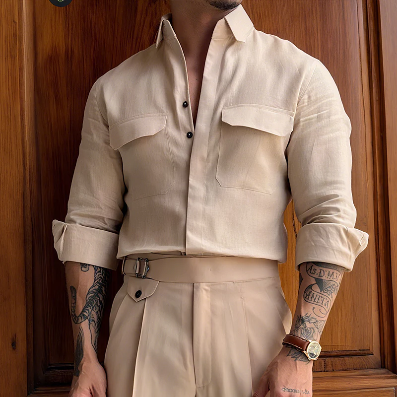 Antonio | Men'S Retro Casual Linen Solid Color Lapel Long Sleeve Shirt - Image 2
