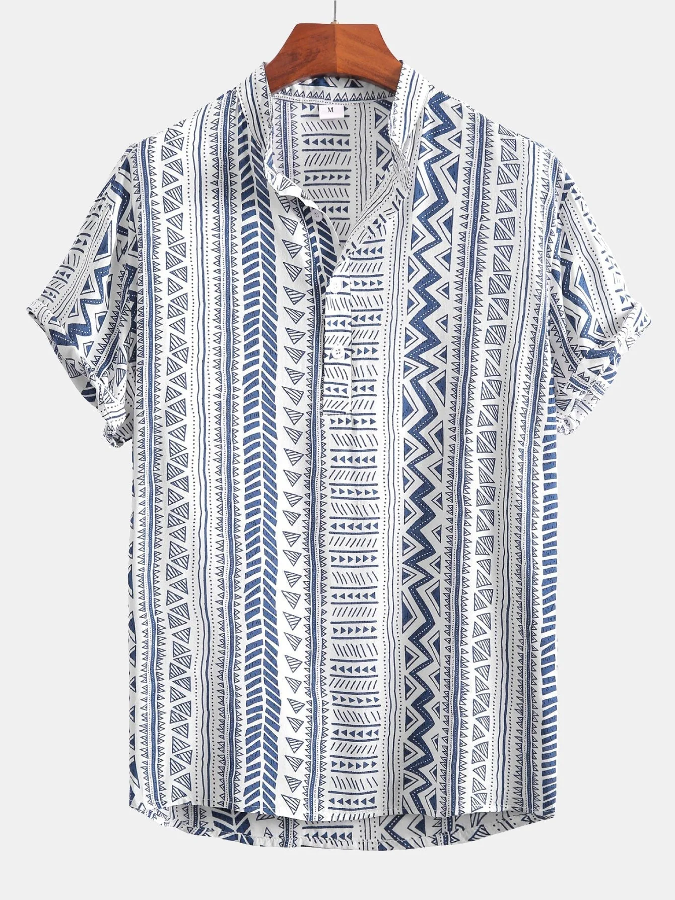 Aram® | Tribal Geometric Print Half Placket Henley Collar Shirt - Image 3