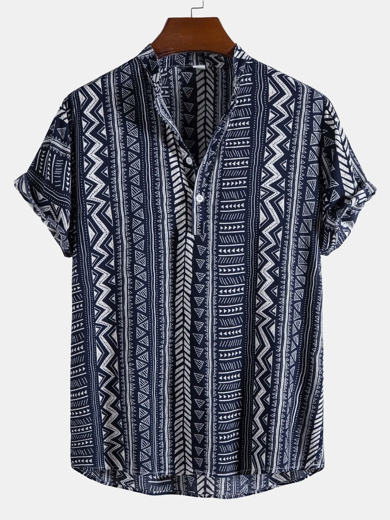 Aram® | Tribal Geometric Print Half Placket Henley Collar Shirt - Image 5