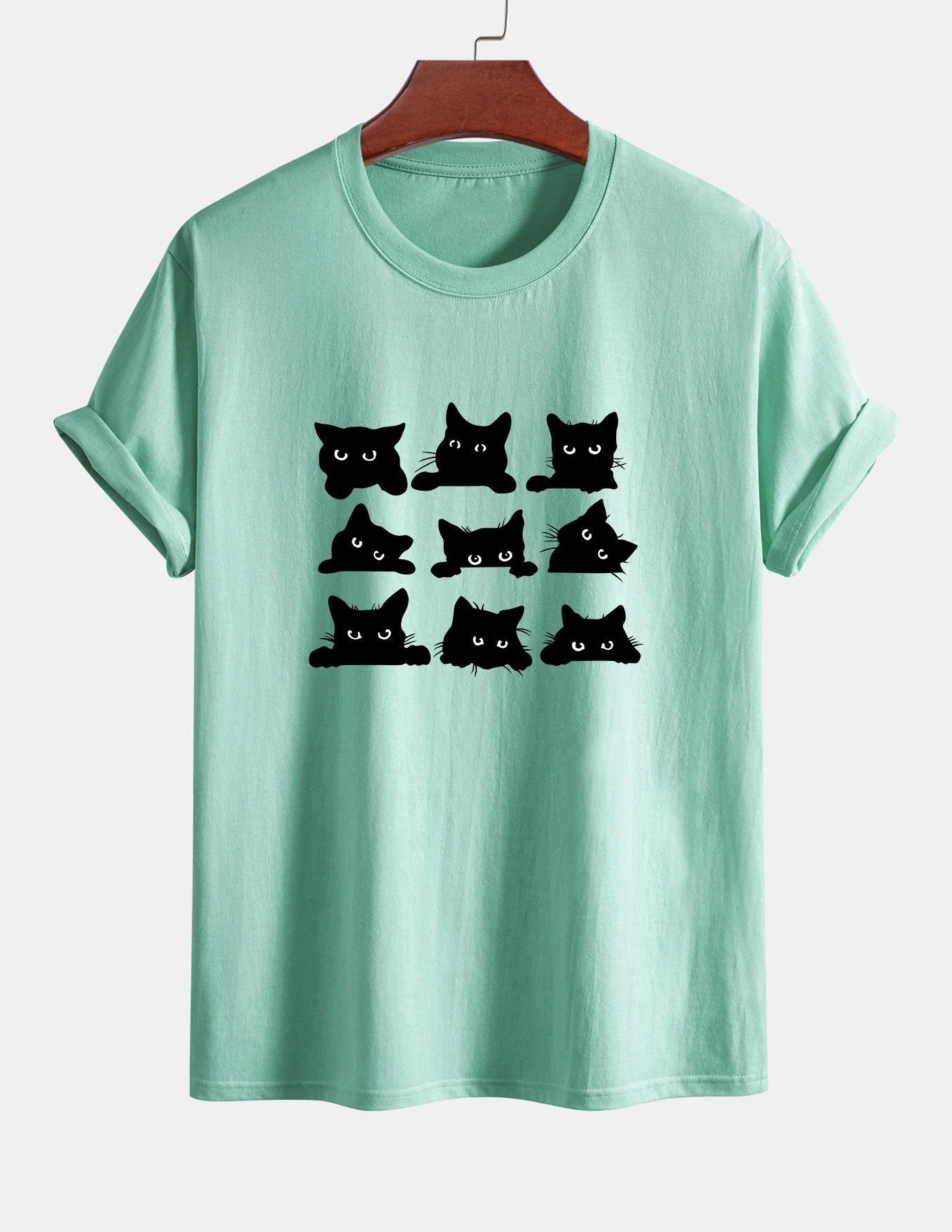 Arán® | Black Cat Staring Print Cotton T-Shirt - Image 13