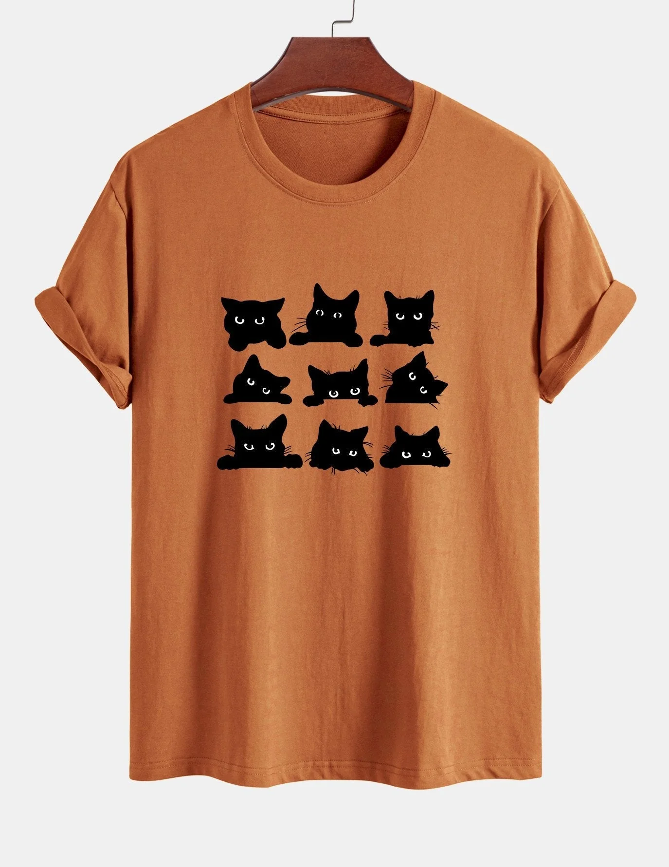 Arán® | Black Cat Staring Print Cotton T-Shirt - Image 5