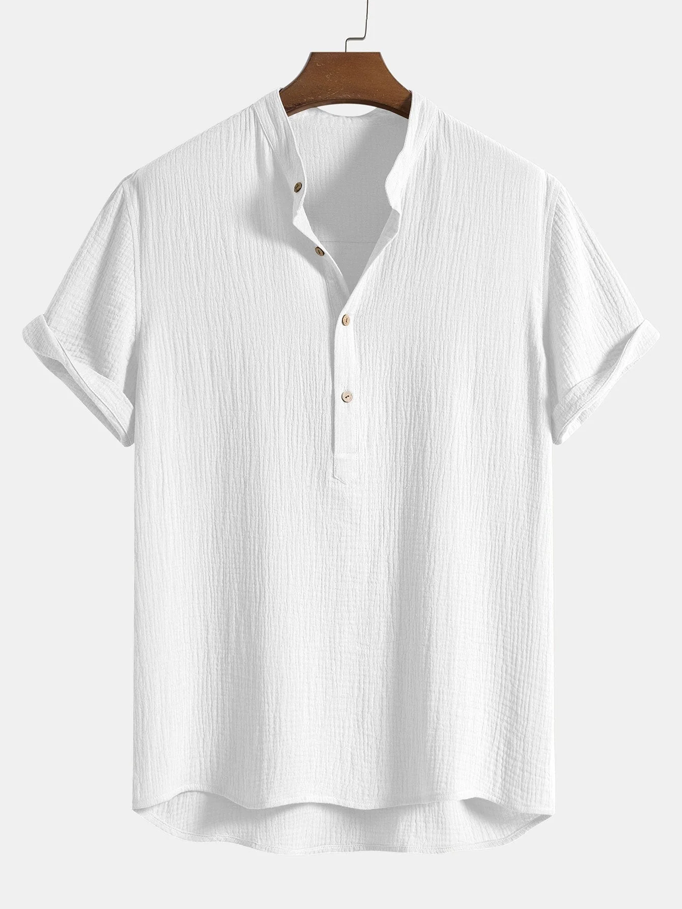 Aritz® | Wrinkled Cotton Half Open Placket Henley Collar Shirt - Image 2