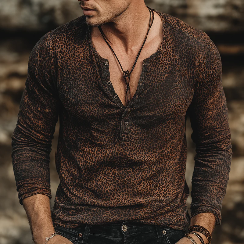 Armand | Men'S Vintage Casual Leopard Print Henley Long Sleeve T-Shirt - Image 2
