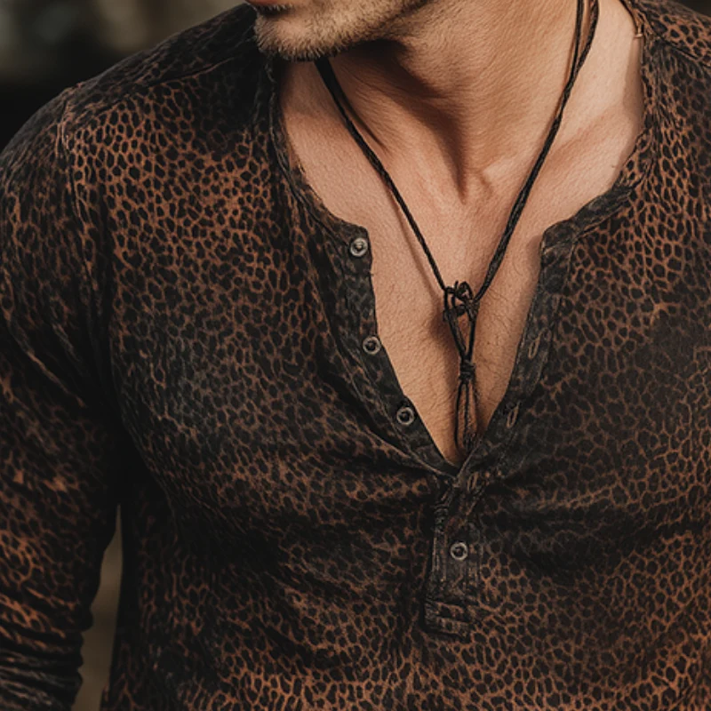 Armand | Men'S Vintage Casual Leopard Print Henley Long Sleeve T-Shirt - Image 3