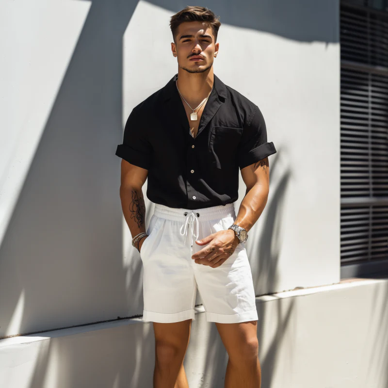 Armando | Men'S Casual Breathable Cotton Linen Slim Fit Cuban Collar Patch Pocket Short Sleeve Shirt Elastic Waist Shorts Set - Image 3