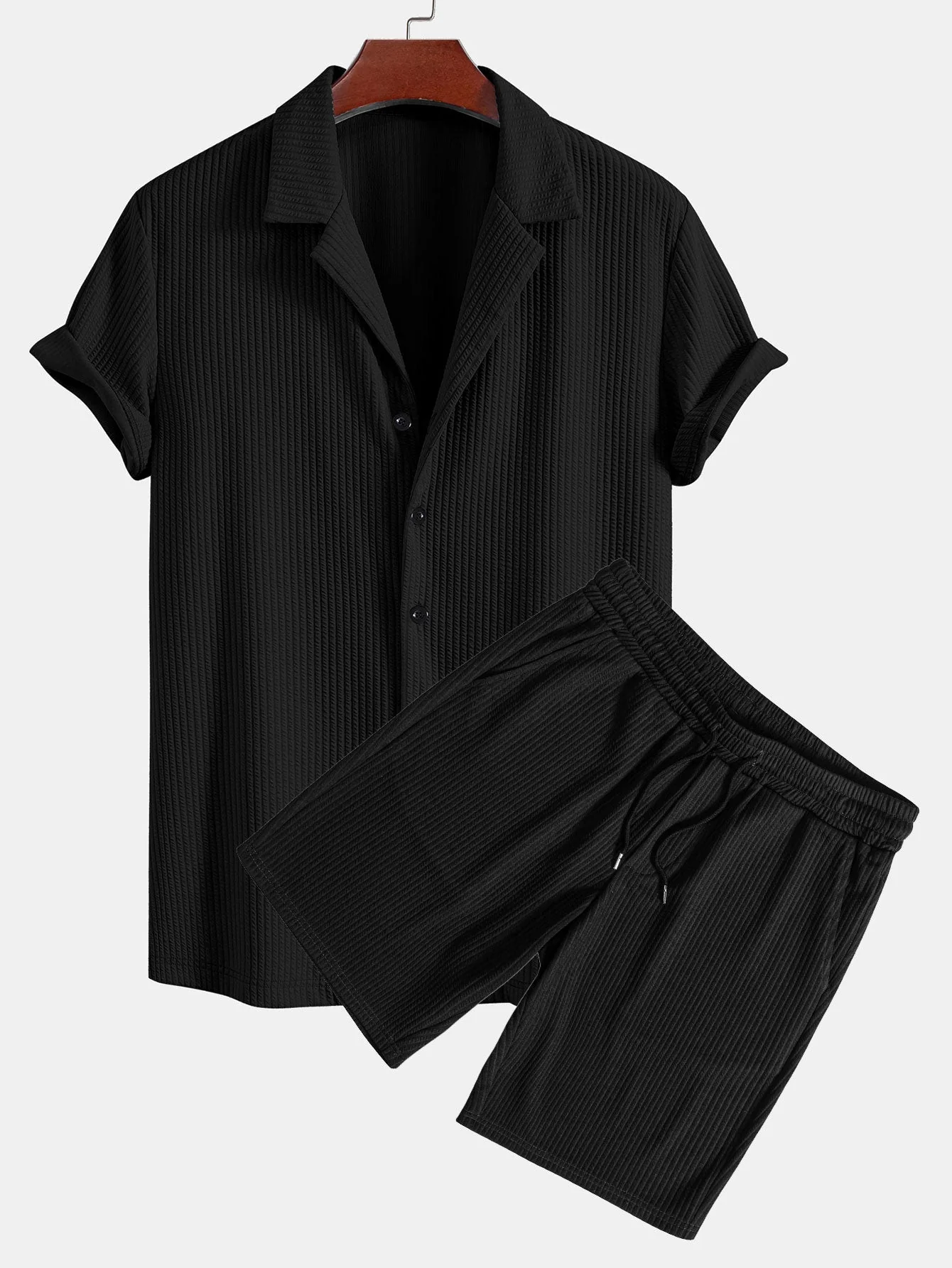 Arnaldo® | Muscle Fit Ribbed Deep Cuban Shirt & Drawstring Ribbed Shorts - Image 2