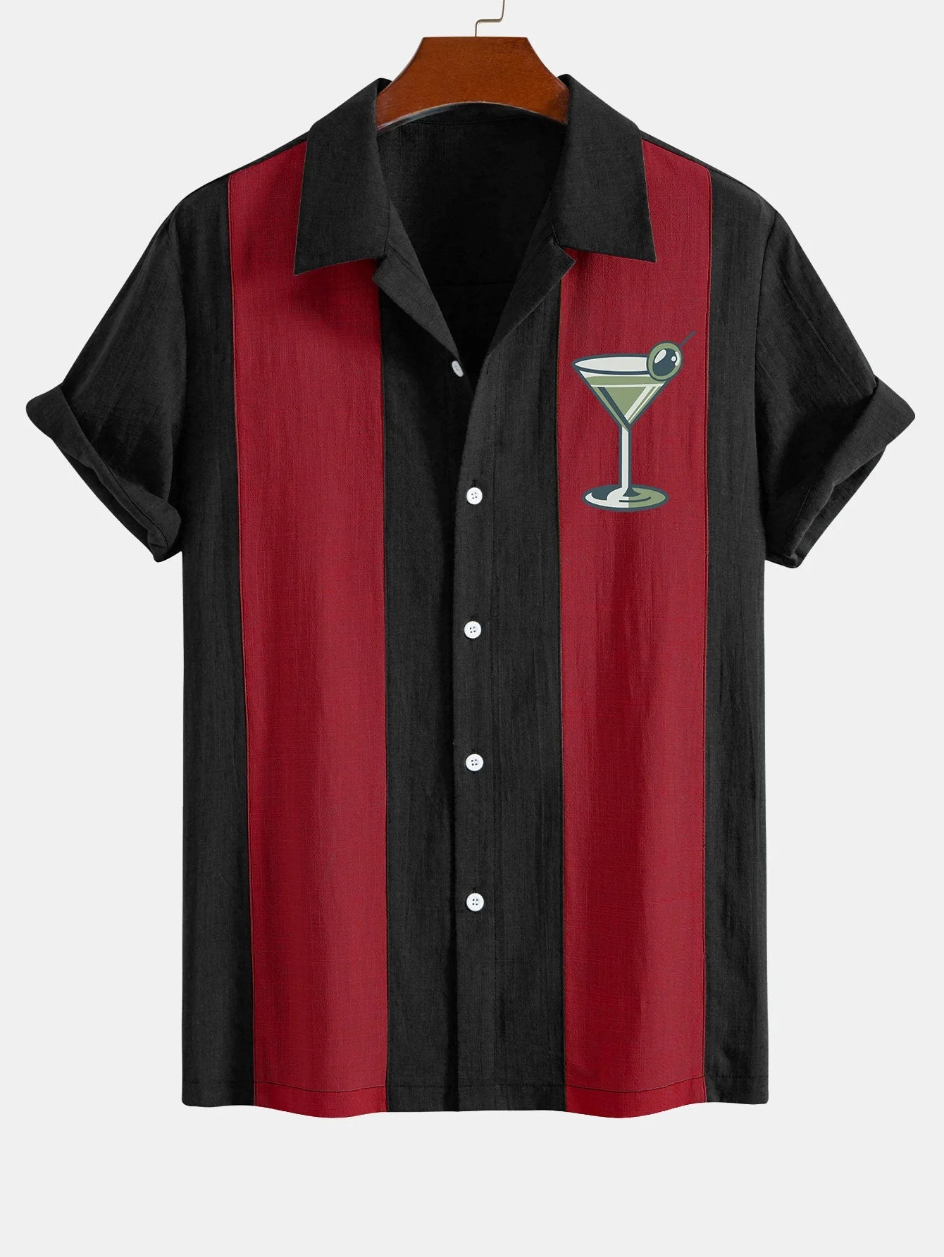 Arnuat® | Vintage Martini Cocktail Print Linen Look Patchwork Bowling Shirt