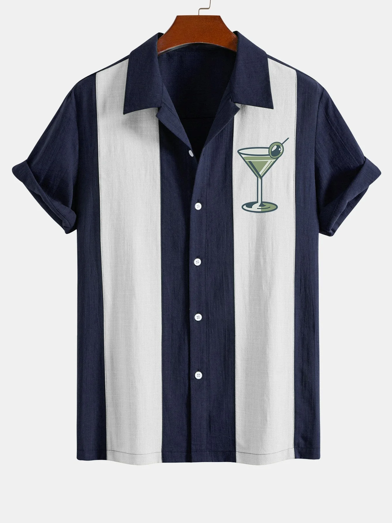 Arnuat® | Vintage Martini Cocktail Print Linen Look Patchwork Bowling Shirt - Image 4