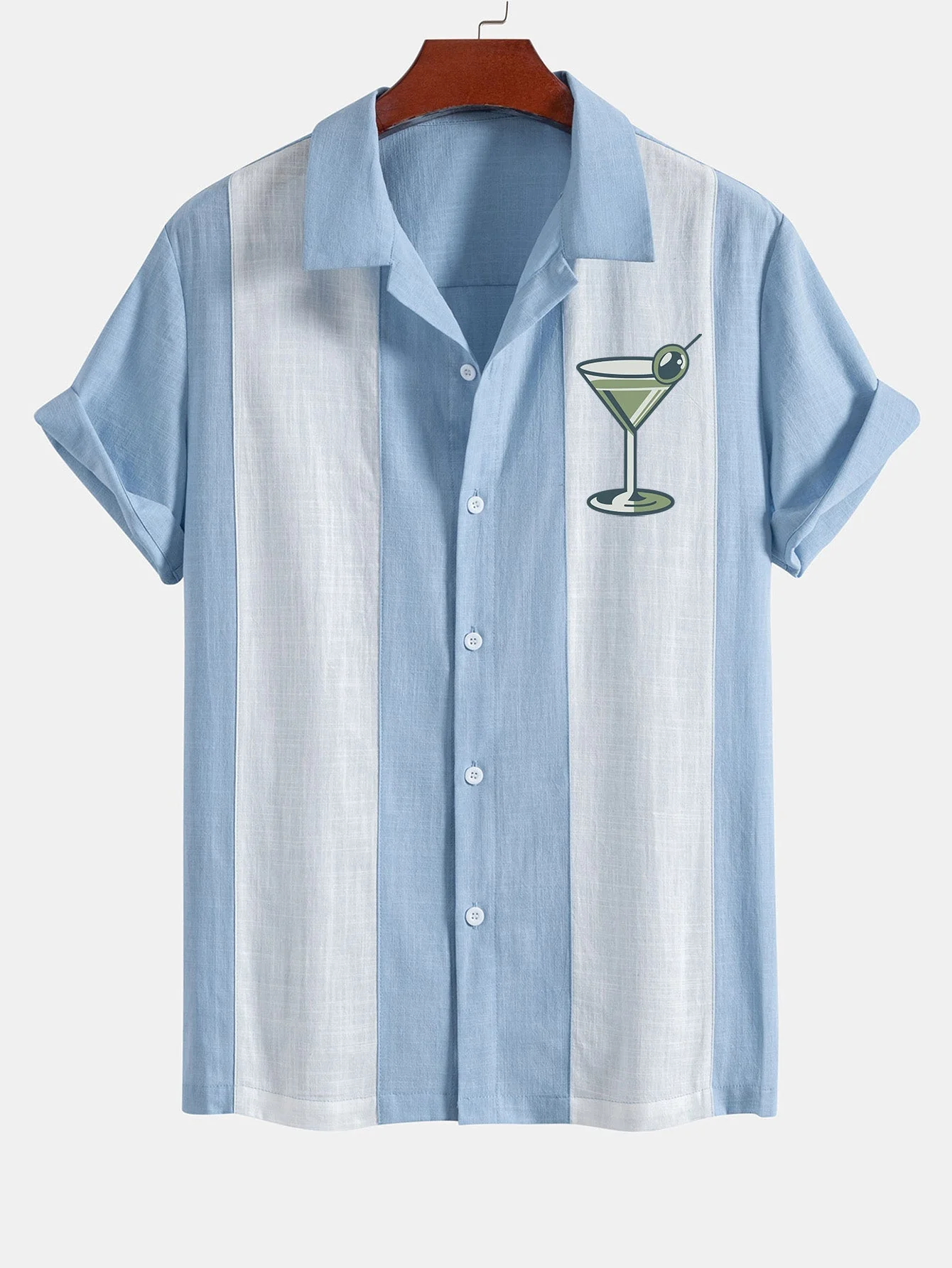 Arnuat® | Vintage Martini Cocktail Print Linen Look Patchwork Bowling Shirt - Image 6