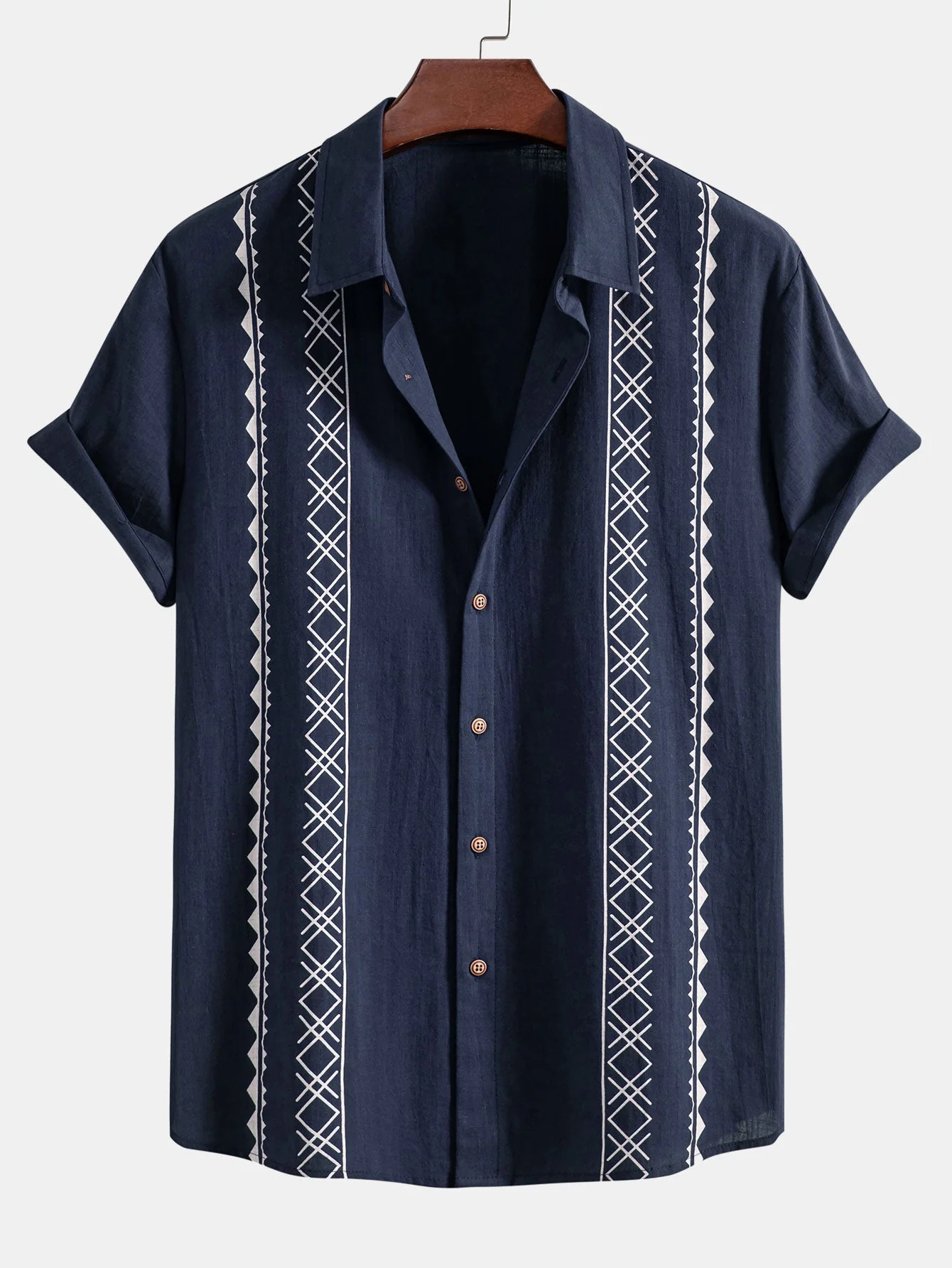 Arto® | Geometric Print Linen Look Shirt - Image 8