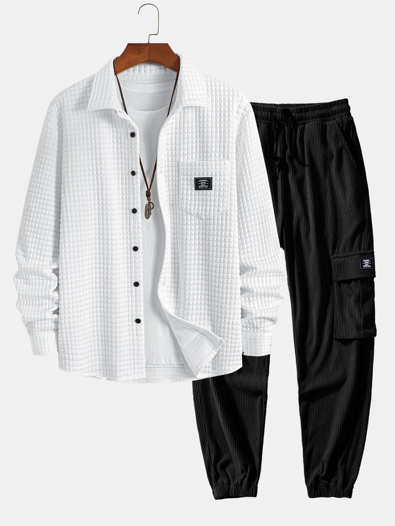 Arturo® | Waffle Button Up Shirt & Drawstring Corduroy Cargo Jogger Pants - Image 2