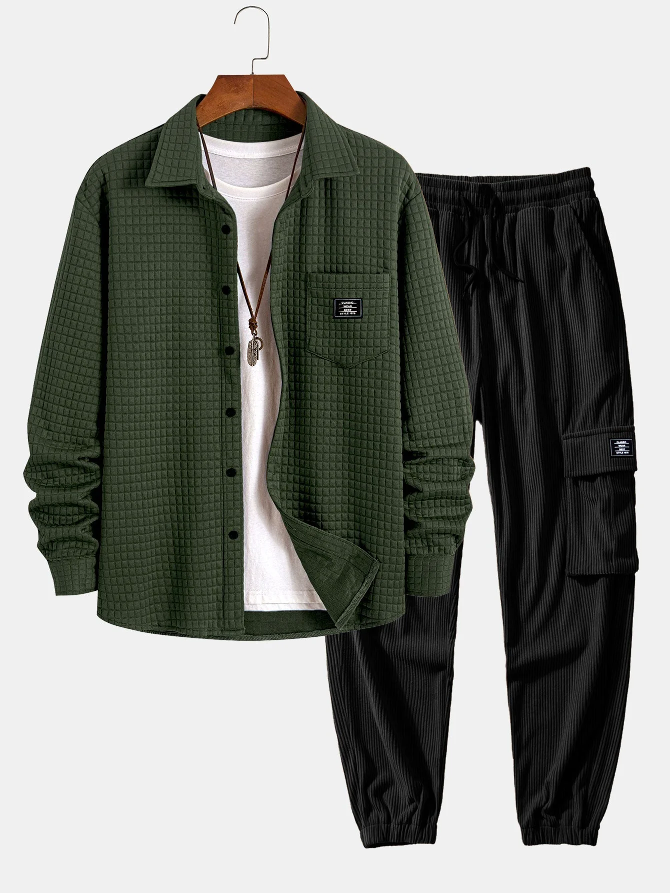 Arturo® | Waffle Button Up Shirt & Drawstring Corduroy Cargo Jogger Pants - Image 3