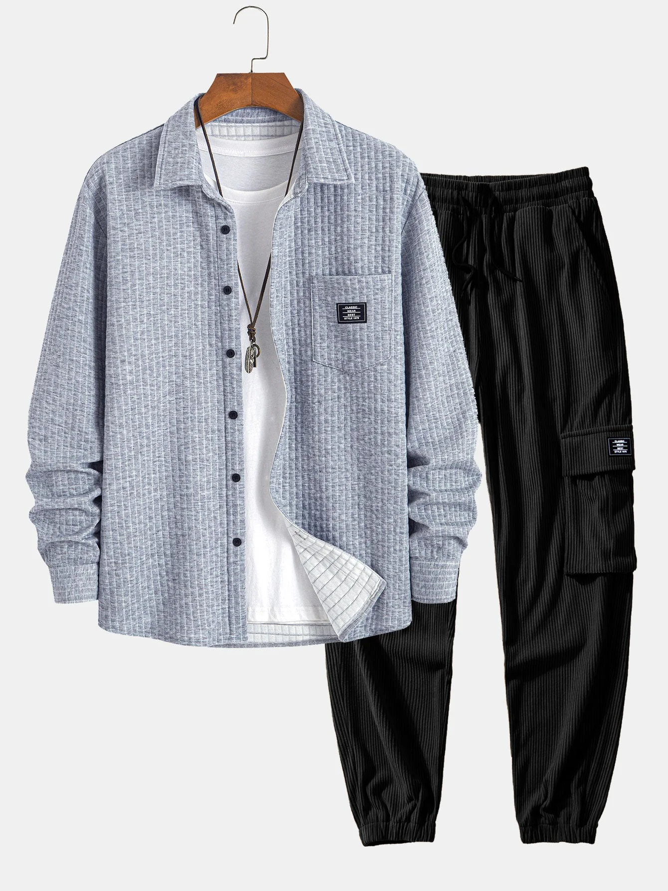 Arturo® | Waffle Button Up Shirt & Drawstring Corduroy Cargo Jogger Pants - Image 4