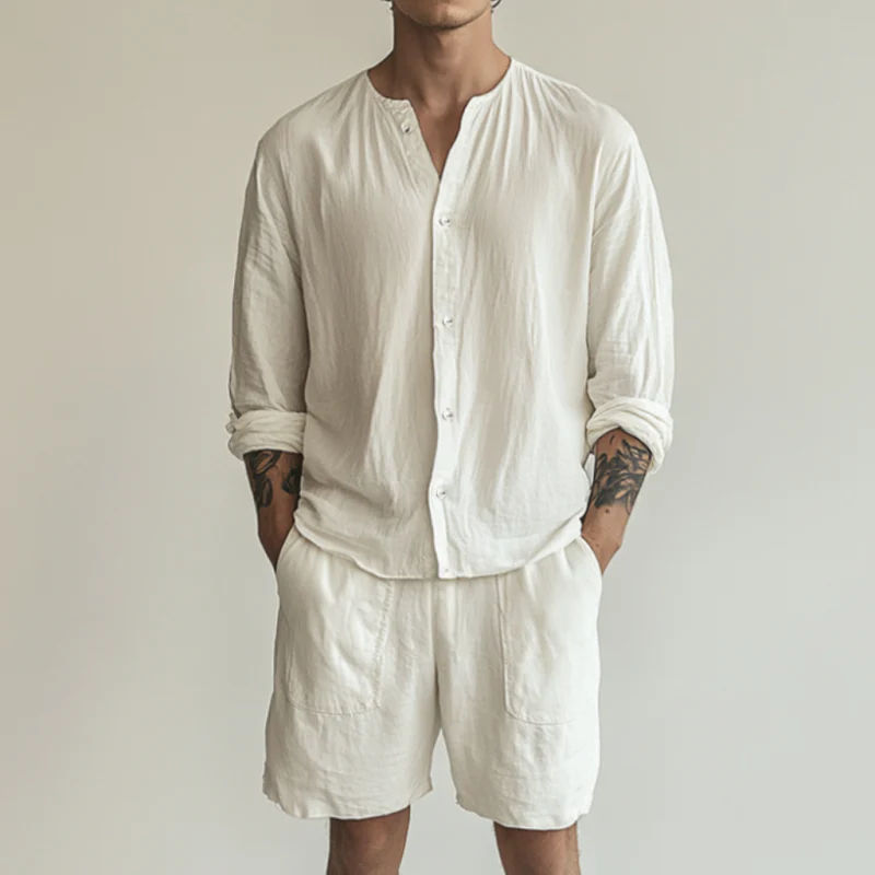 Arturo | Men'S Casual Breathable Solid Color Cotton Linen Loose Long Sleeve Shirt Elastic Waist Shorts Set - Image 2