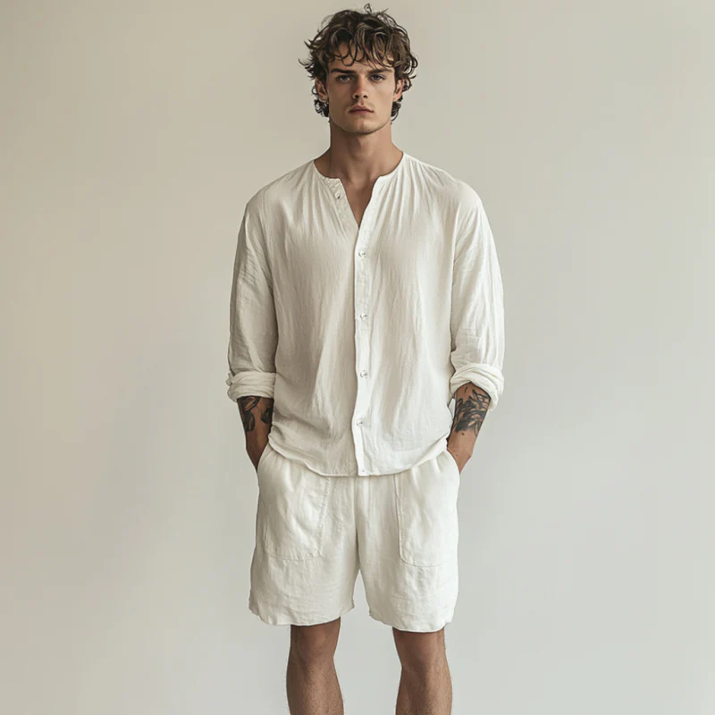 Arturo | Men'S Casual Breathable Solid Color Cotton Linen Loose Long Sleeve Shirt Elastic Waist Shorts Set - Image 3