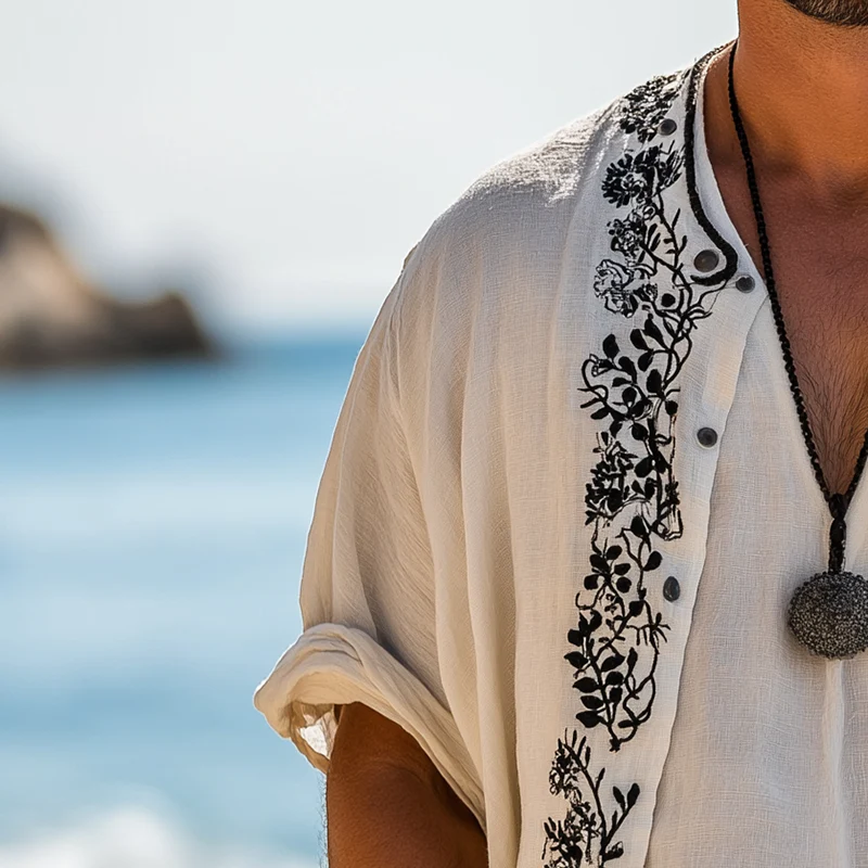Arturo | Men'S Summer Fashion Simple Embroidery Slub Cotton Short Sleeve Open Shirt - Image 3