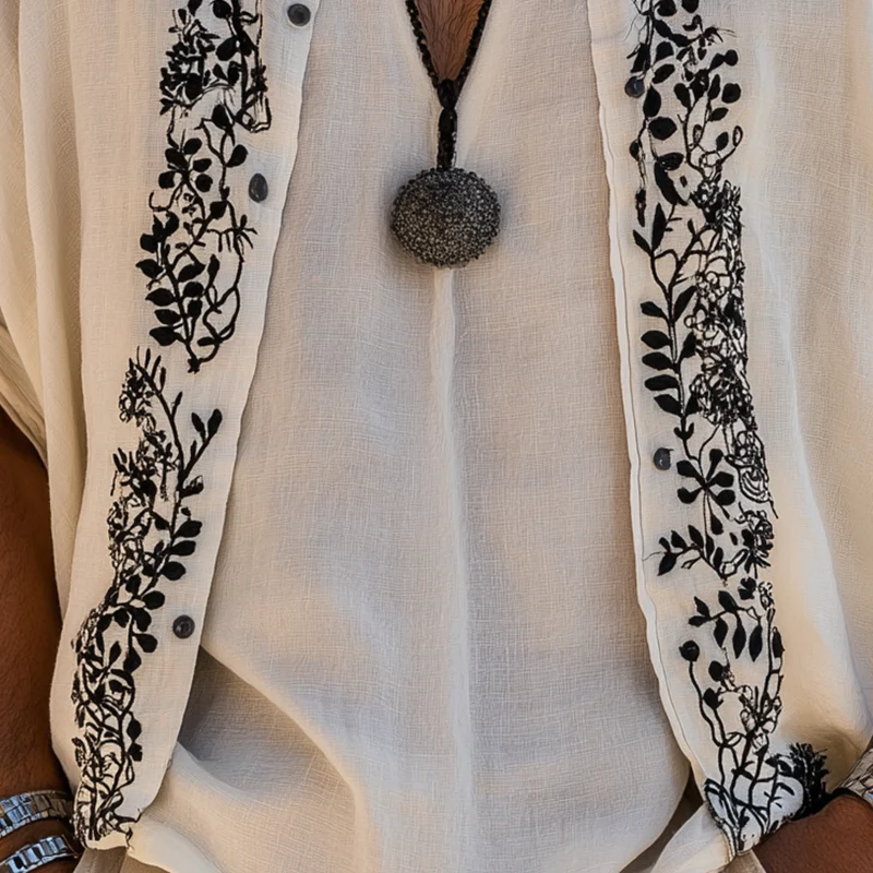 Arturo | Men'S Summer Fashion Simple Embroidery Slub Cotton Short Sleeve Open Shirt - Image 5
