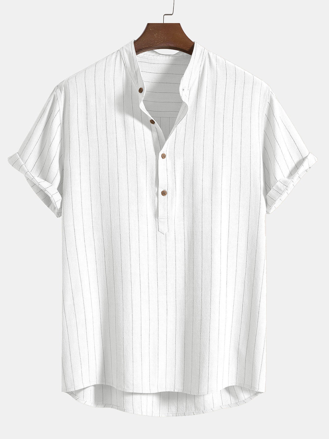 Aryan® | Linen Blend Striped Half Open Placket Henley Collar Shirt - Image 3