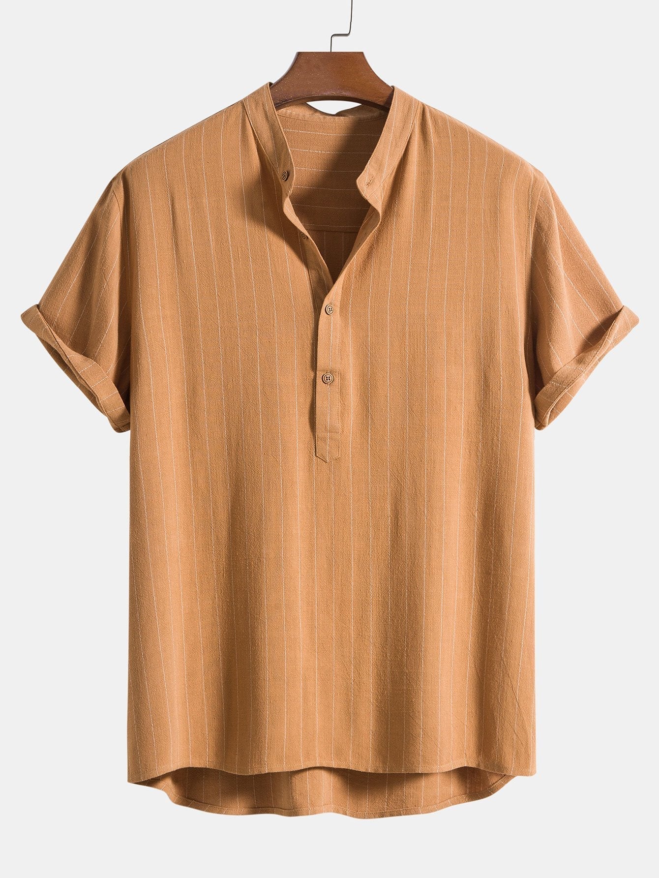 Aryan® | Linen Blend Striped Half Open Placket Henley Collar Shirt - Image 5