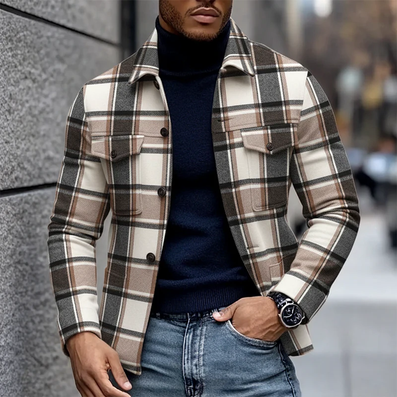 Asa® | Men's Casual Lapel Multi-pocket Blend Plaid Jacket MTA3033I5X - Image 2