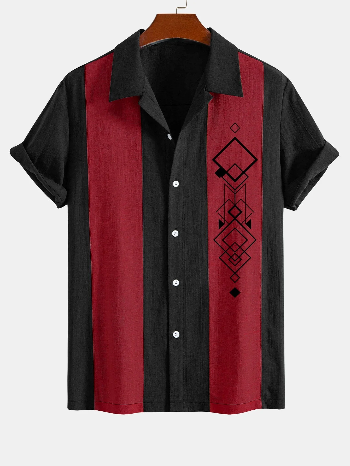 Atwell® | Geometric Rhombus Print Linen Look Patchwork Bowling Shirt - Image 7