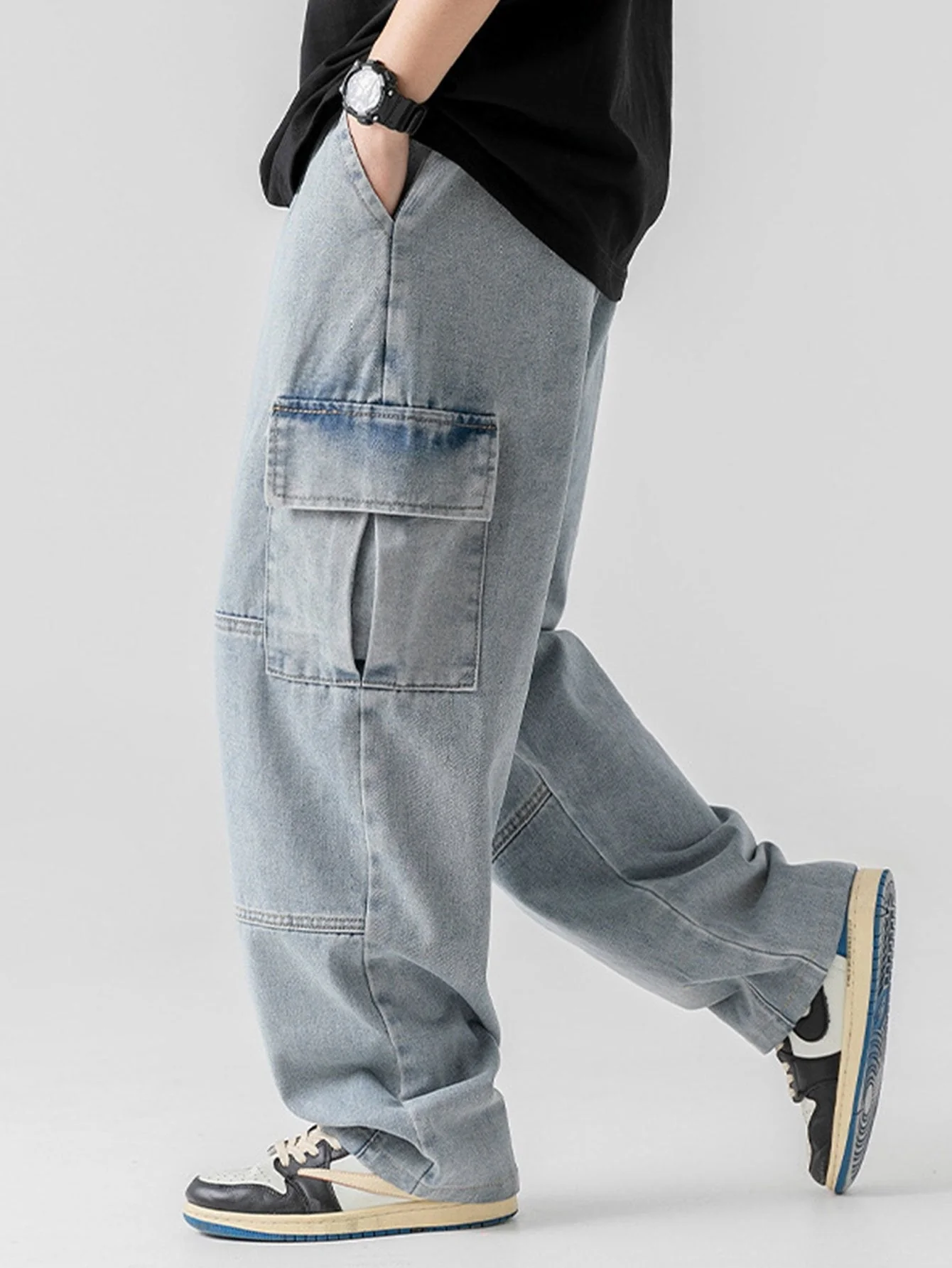 Augustin® | Elastic Waist Relax Fit Straight Leg Cargo Jeans - Image 3