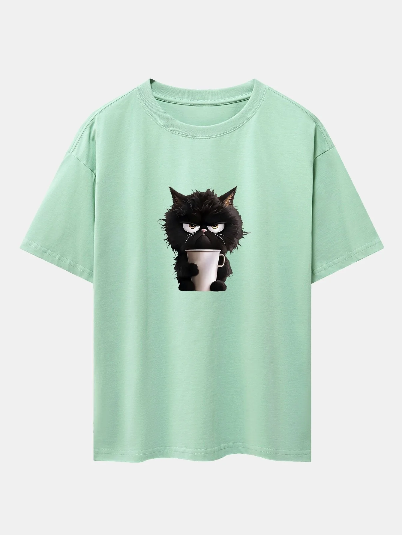 Augusto® | Black Cat Drinking Coffee Print Drop Shoulder Oversize T-Shirt - Image 10