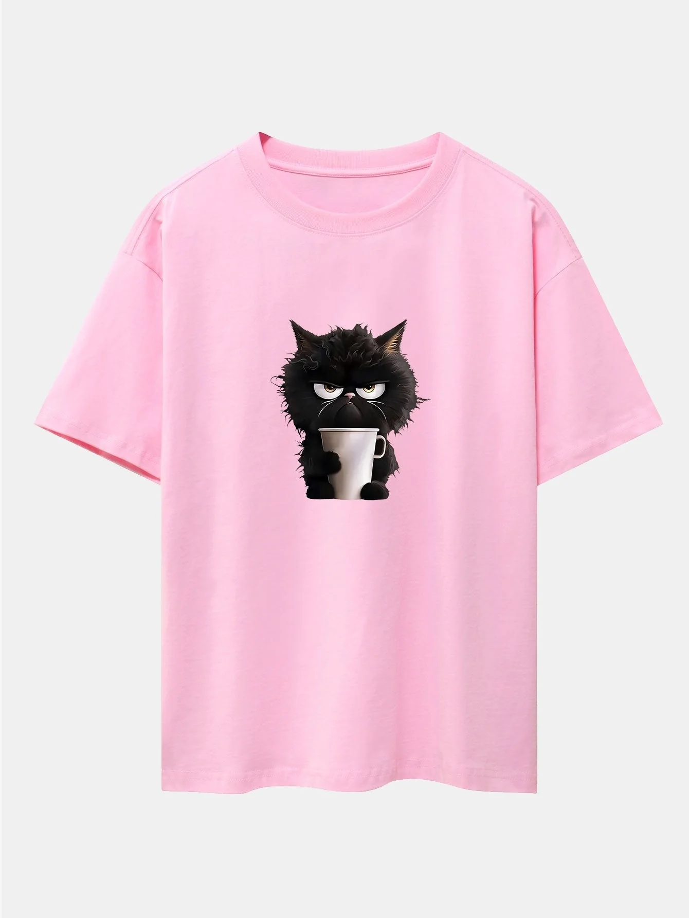 Augusto® | Black Cat Drinking Coffee Print Drop Shoulder Oversize T-Shirt - Image 11