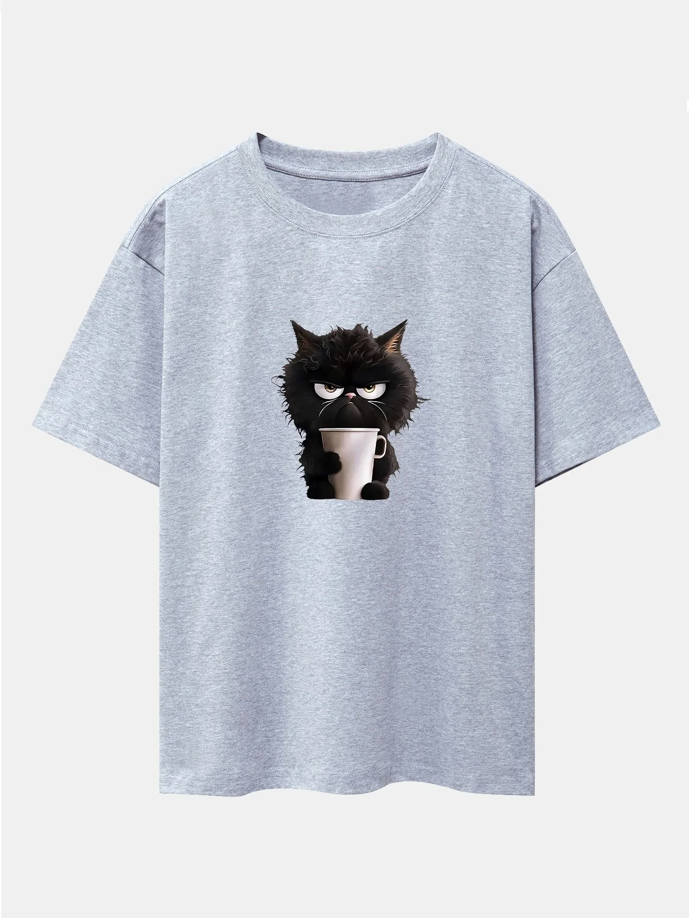 Augusto® | Black Cat Drinking Coffee Print Drop Shoulder Oversize T-Shirt - Image 12