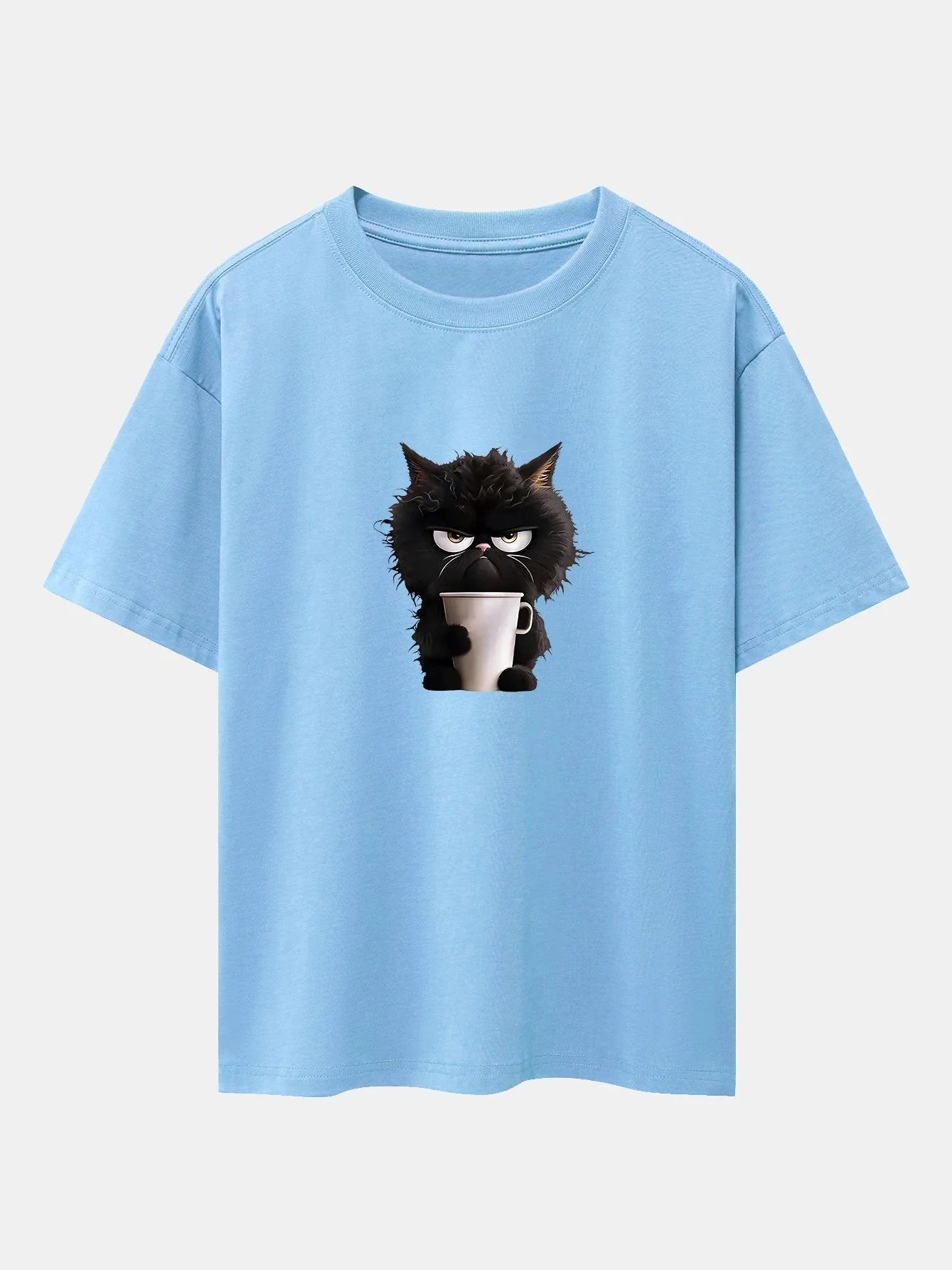 Augusto® | Black Cat Drinking Coffee Print Drop Shoulder Oversize T-Shirt - Image 13