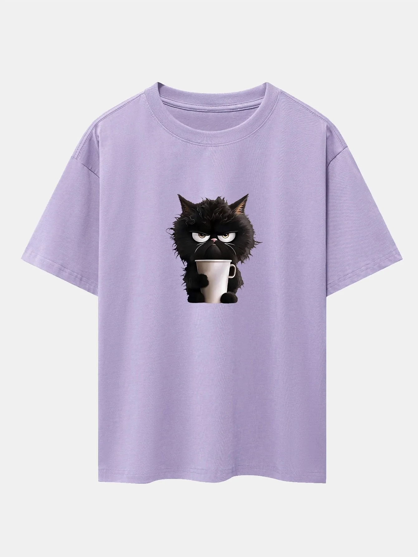 Augusto® | Black Cat Drinking Coffee Print Drop Shoulder Oversize T-Shirt - Image 14