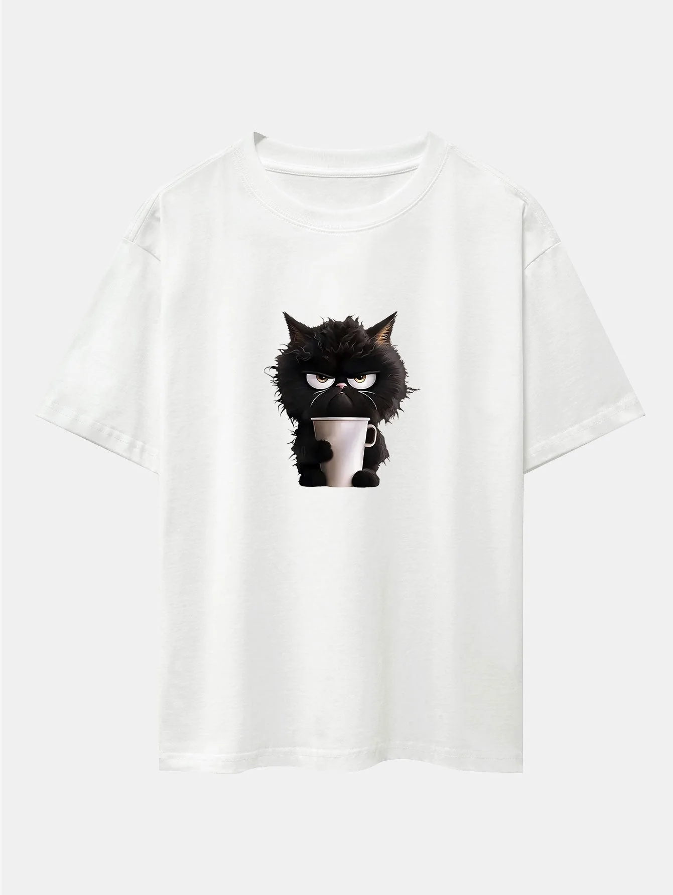 Augusto® | Black Cat Drinking Coffee Print Drop Shoulder Oversize T-Shirt - Image 2