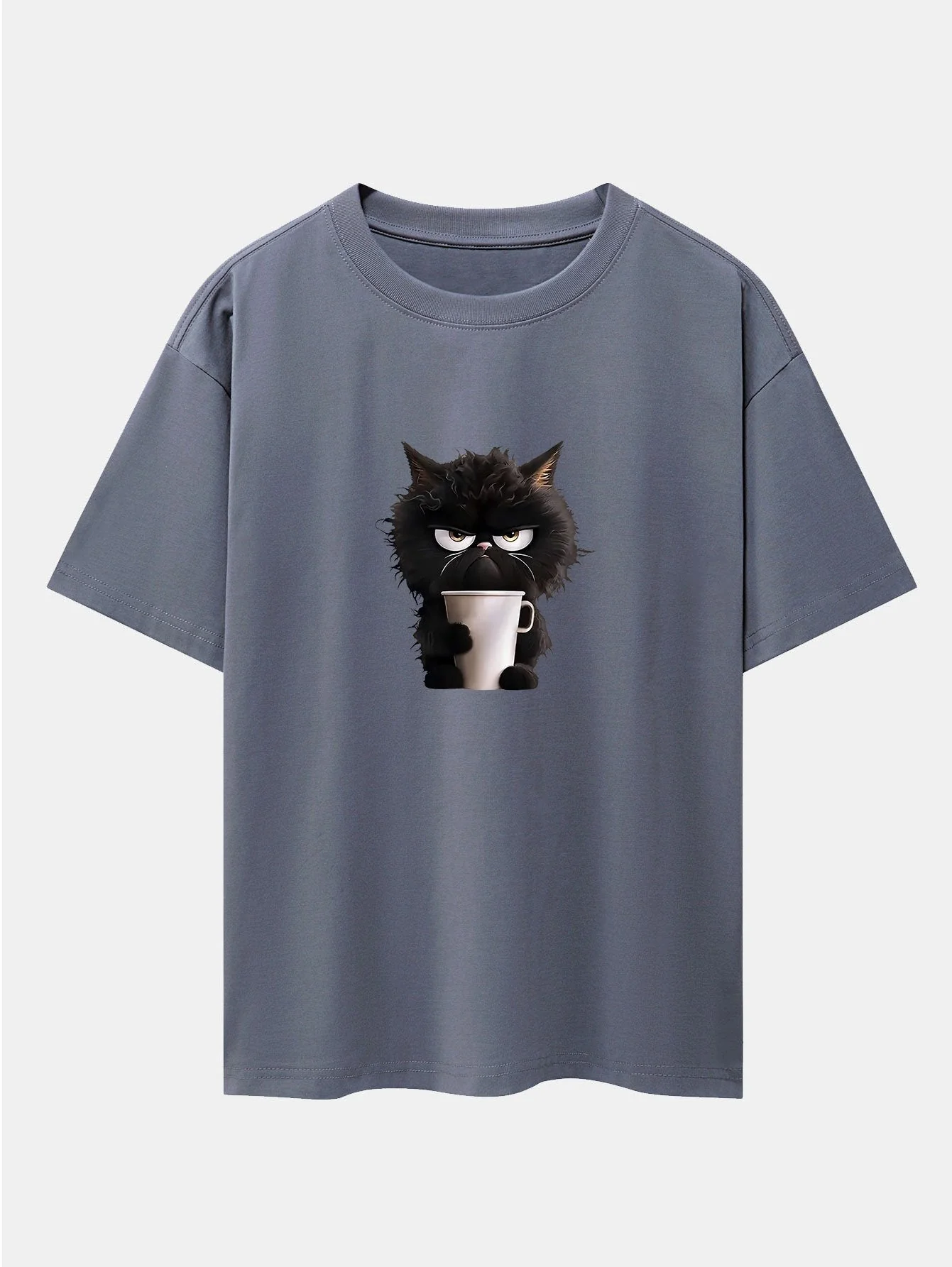 Augusto® | Black Cat Drinking Coffee Print Drop Shoulder Oversize T-Shirt - Image 3