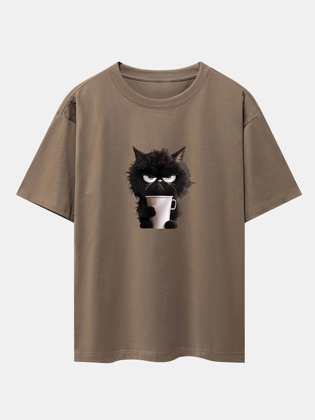 Augusto® | Black Cat Drinking Coffee Print Drop Shoulder Oversize T-Shirt - Image 4