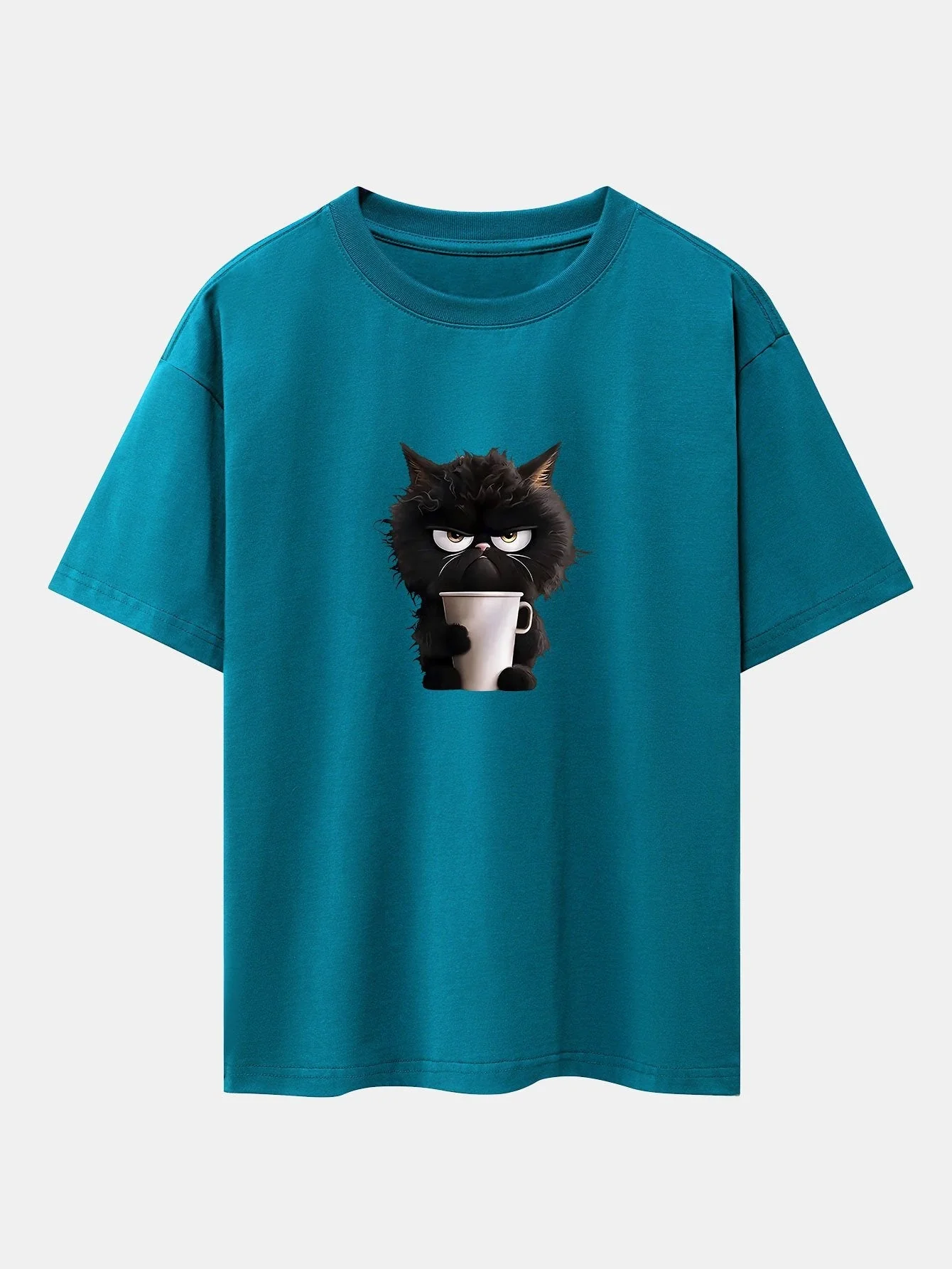 Augusto® | Black Cat Drinking Coffee Print Drop Shoulder Oversize T-Shirt - Image 5