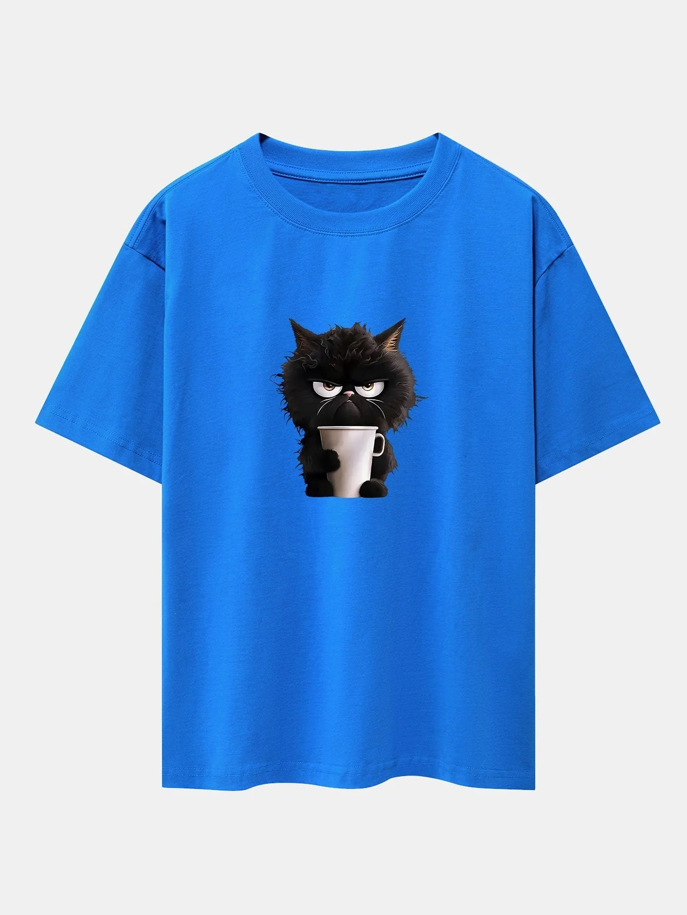 Augusto® | Black Cat Drinking Coffee Print Drop Shoulder Oversize T-Shirt - Image 6