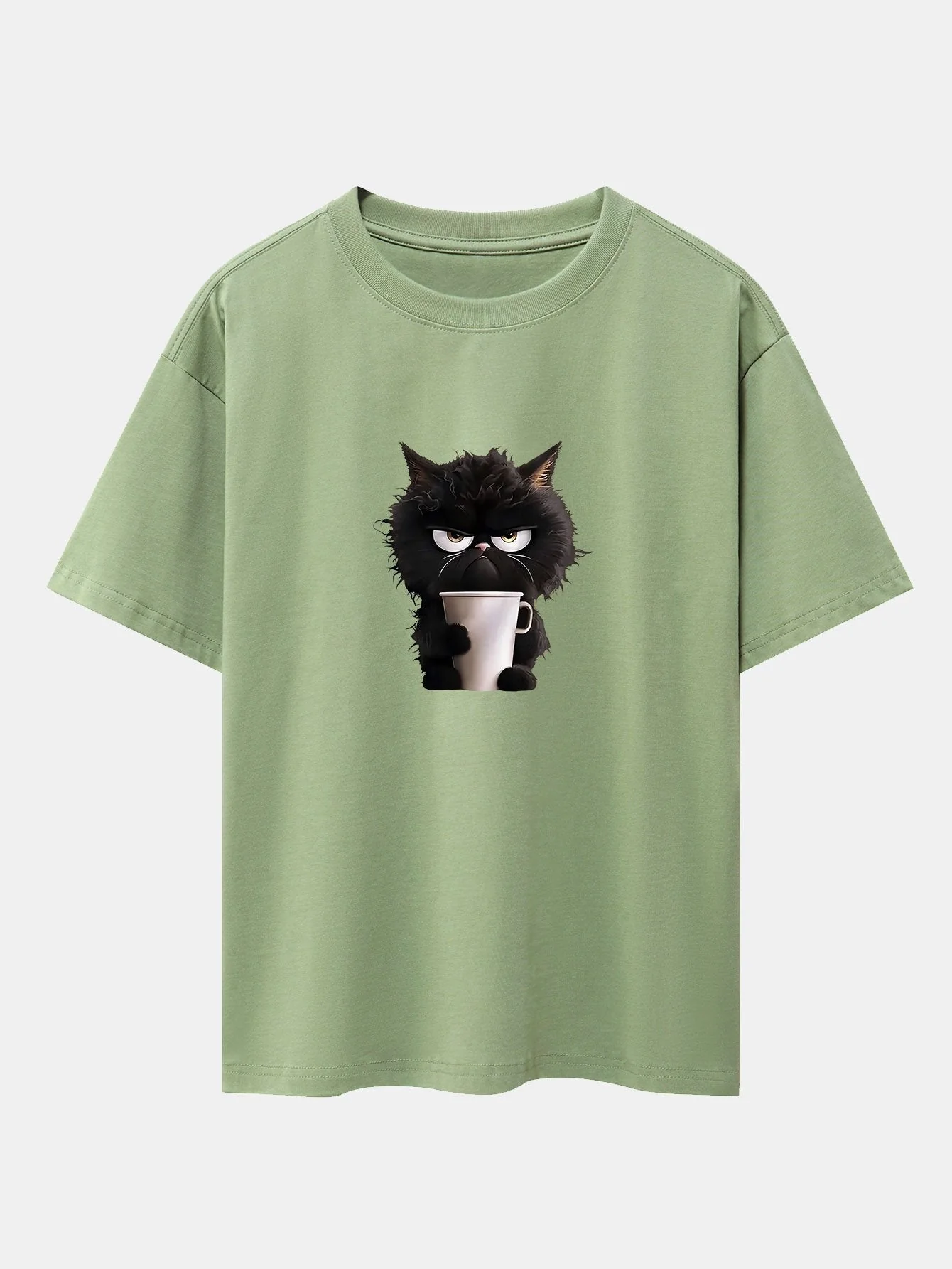 Augusto® | Black Cat Drinking Coffee Print Drop Shoulder Oversize T-Shirt - Image 7