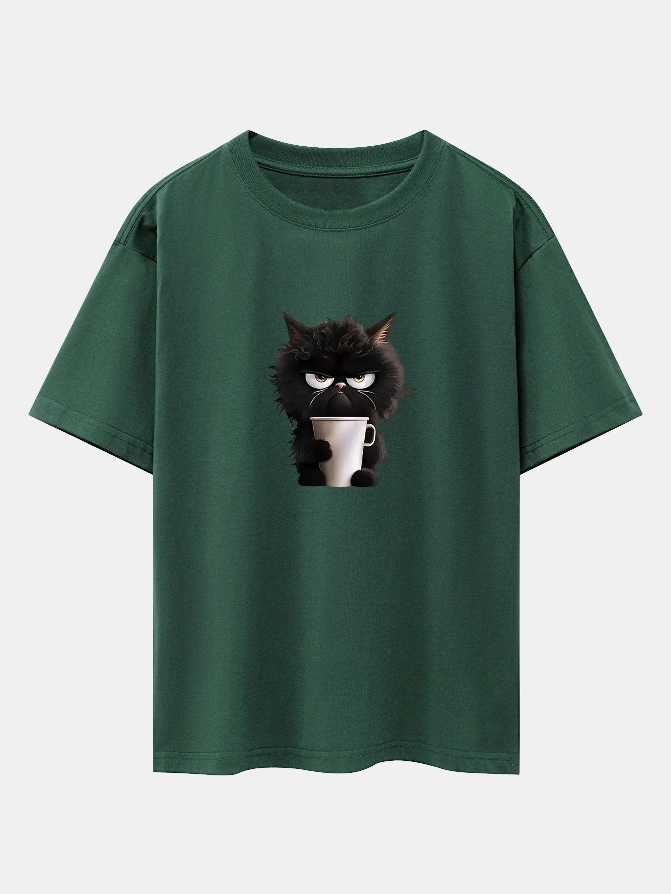 Augusto® | Black Cat Drinking Coffee Print Drop Shoulder Oversize T-Shirt - Image 8