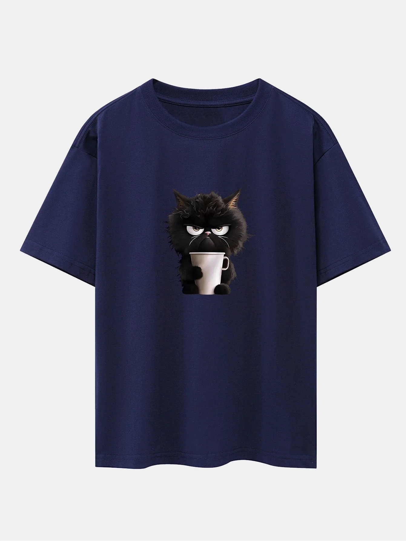 Augusto® | Black Cat Drinking Coffee Print Drop Shoulder Oversize T-Shirt - Image 9