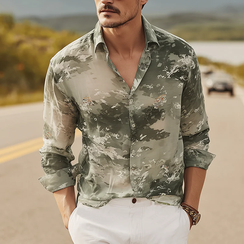Augusto | Men'S Spring And Summer Fashion Casual Chiffon Slightly Transparent Sexy Art Print Long-Sleeved Shirt - Image 2