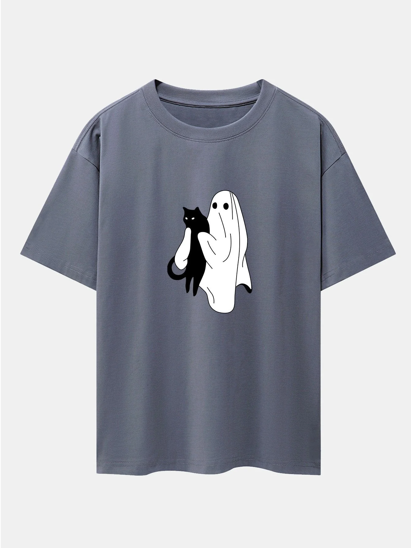 Aurelio® | Ghost Black Cat Print Drop Shoulder Oversize T-Shirt - Image 2