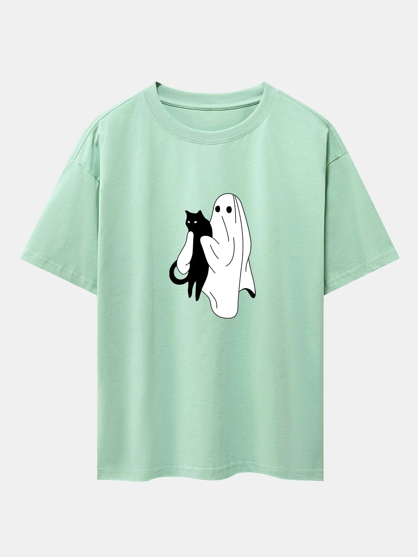 Aurelio® | Ghost Black Cat Print Drop Shoulder Oversize T-Shirt - Image 9