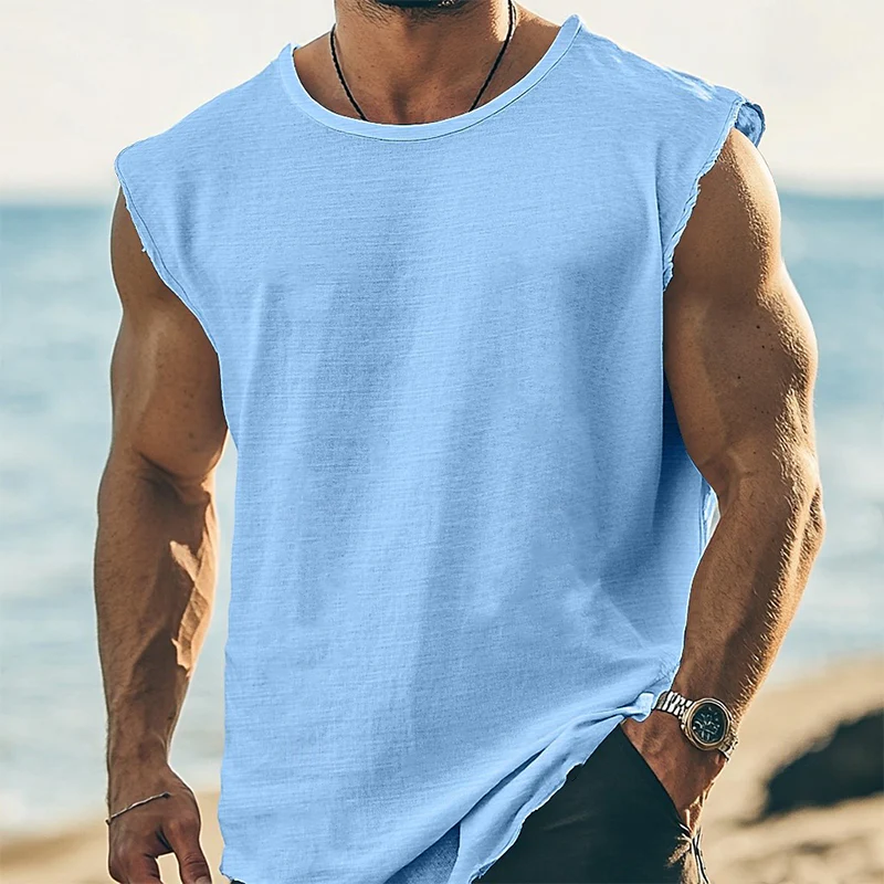 Austin | Men'S Solid Color Round Neck Cotton Blend Sleeveless T-Shirt - Image 4