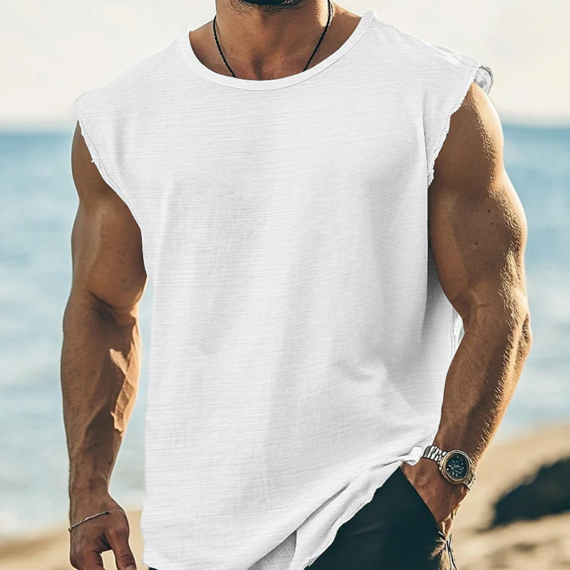 Austin | Men'S Solid Color Round Neck Cotton Blend Sleeveless T-Shirt - Image 7
