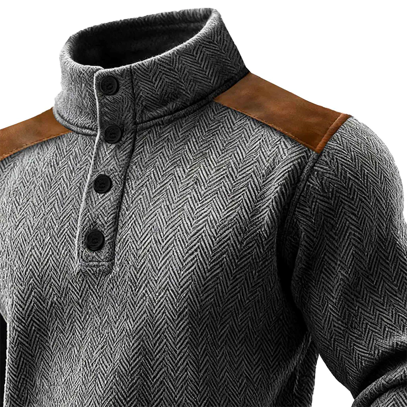 Bader® | Men's Vintage Herringbone Paneled Faux Suede Stand Collar Pullover Sweatshirt MTA0996J1X - Image 2