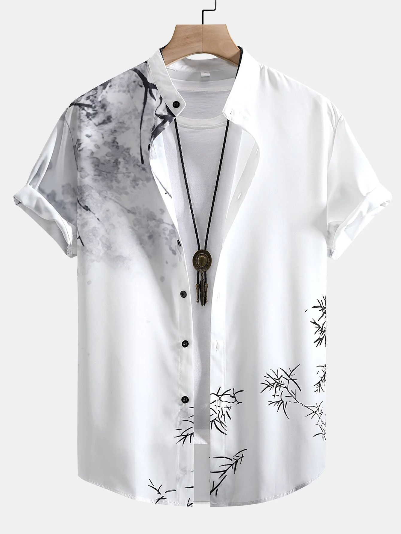 Baltasar® | Traditional Oriental Ink Painting Print Stand Collar Shirt & Drawstring Swim Shorts - Image 2
